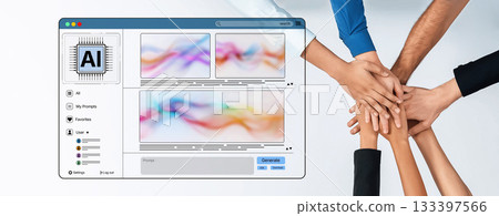 Collaborative Hands Reaching towards Artificial Intelligence Interface with Colorful Waves in Background and Modern Design Elements Trope Collaborative Hands Reaching towards Artificial Intelligence Interface with Colorful Waves in Background and Modern Design Elements Trope 133397566