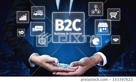 B2C Business Model with Consumer Delivery, Retail, and Growth Icons Muxer 133397623