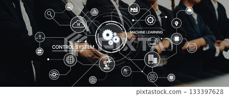 Business professionals collaborating with machine learning interface for control systems in a modern corporate environment, technology and innovation concept Trope Business professionals collaborating with machine learning interface for control systems in a modern corporate environment, technology and innovation concept Trope 133397628