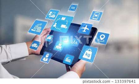 Logistics icons illustrate delivery, supply chain, warehouse, and shipping. Gist 133397641