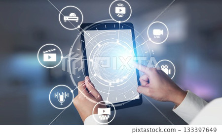 Multimedia technology icons with video, music, image and streaming concept Gist Multimedia technology icons with video, music, image and streaming concept Gist 133397649