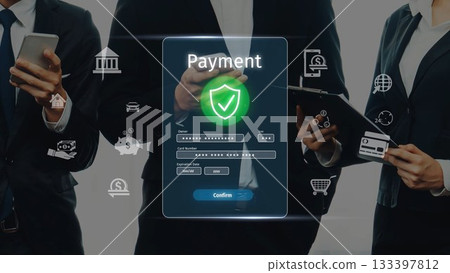 Secure Online Payment Processing Interface with Three Business Professionals Using Mobile Devices in Modern Office Setting. Raster 133397812