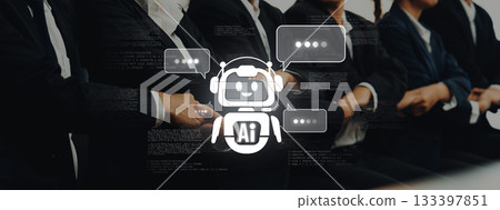 Group of people sitting in a meeting with an AI chatbot graphic displaying speech bubbles and digital elements representing technology and communication Trope Group of people sitting in a meeting with an AI chatbot graphic displaying speech bubbles and digital elements representing technology and communication Trope 133397851