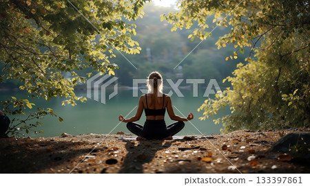 Woman in lotus pose practicing mindfulness and wellness by tranquil lake. 133397861