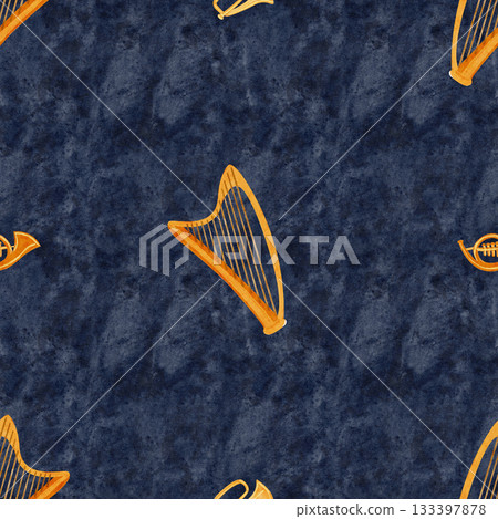 Brass and harp instruments watercolor seamless pattern in golden tones. Hand-painted musical clip art on textured blue, ideal for Christmas themes, nativity scenes, festive decor, creative projects 133397878
