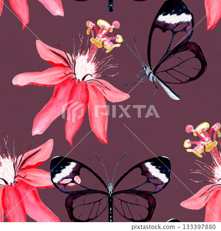 Glasswing butterfly and passionflower blossom elegant watercolor seamless pattern on grey pink. Hand-painted art perfect for tropical decor, botanical card, eco branding, packaging, or wedding 133397880