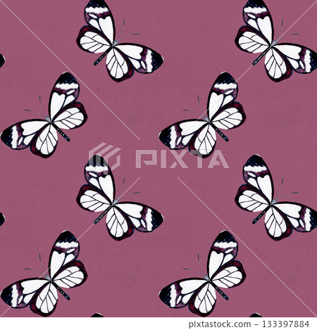 Elegant butterfly with black and white wings, with violet details. Hand-painted watercolor seamless pattern on pink background. Perfect for nature designs, stationery, patterns, botanical projects 133397884