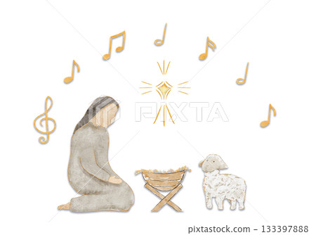 Kneeling Mary beside a manger, lamb, glowing star and notes above. Hand-painted watercolor nativity illustration isolated on white, scene ideal for Christmas cards, devotionals, and holiday designs 133397888