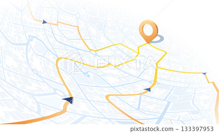 Concept of travel by route to goal. Abstract navigation plan highlights POI including city streets, blocks. City map featuring directional signs, an intended goal point. Vector illustration 133397953
