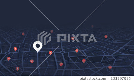 Locator position point. GPS tracking system to navigate around the city landmarks. Detailed city street map with directions to different locations. Vector illustration Locator position point. GPS tracking system to navigate around the city landmarks. Detailed city street map with directions to different locations. Vector illustration 133397955