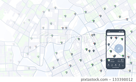 Smartphone displays city map with nearby charging stations, showcasing mobile app designed for flexible online charging solutions. App allows to choose optimal routes for driving. Vector illustration 133398012