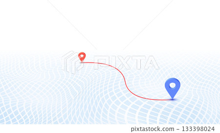 Map navigation concept. Route planning with location pin on grid terrain. Red and blue location pin connected by path. Undulating grid surface representing hilly or uneven terrain. Vector illustration Map navigation concept. Route planning with location pin on grid terrain. Red and blue location pin connected by path. Undulating grid surface representing hilly or uneven terrain. Vector illustration 133398024