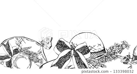 Straw sunhat with lace ribbon bow, lavandula lavender flowers. Wide brims, summer boho charm. Isolated seamless banner illustration hand drawn in vector ink. Lavender shop, farm display, greeting card 133398032