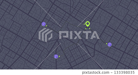 Pinpoint marker icon with search paths and POI. Road network line scheme. City streets on a top view map. Urban environment backdrop. Vector illustration. 133398035