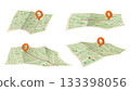 GPS navigation on folded paper maps, highlighted route to red pin. Location tracking and mapping concept, clear path. Vector illustration. 133398056