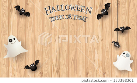 Halloween Trick or Treat calligraphy on cut timber panels background with 3D cute ghost, bats, and spider graphic illustration have blank space. 133398301
