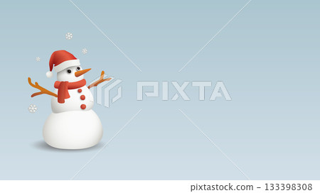 3D freaky snowman wearing Santa hat and snowflake with light blue horizontal background graphic illustration have blank space. 133398308