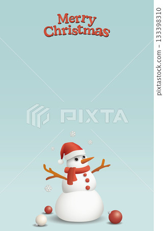 Merry Christmas calligraphy with 3D cute snowman wearing Santa hat and decorated ball on light blue vertical background graphic illustration have blank space. Merry Christmas calligraphy with 3D cute snowman wearing Santa hat and decorated ball on light blue vertical background graphic illustration have blank space. 133398310