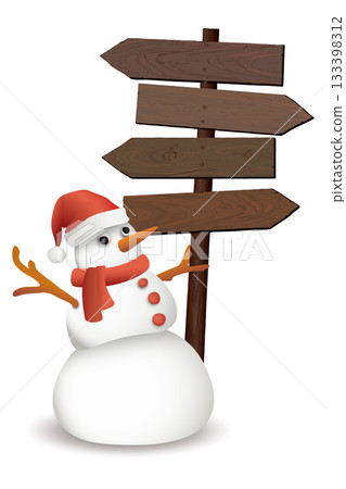 3D cute snowman wearing Santa hat holding blank old wooden direction sign post isolated on white background graphic illustration. 3D cute snowman wearing Santa hat holding blank old wooden direction sign post isolated on white background graphic illustration. 133398312