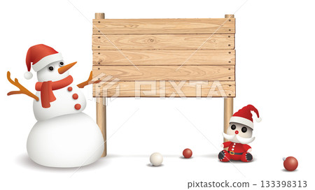Blank whitewashed wooden signboard posts with 3D cute Santa Claus doll and freaky snowman on white background graphic illustration. Blank whitewashed wooden signboard posts with 3D cute Santa Claus doll and freaky snowman on white background graphic illustration. 133398313