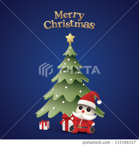 Merry Christmas calligraphy with 3D decorated Christmas tree, cute Santa Claus doll and gift boxes on navy blue square background graphic illustration. Merry Christmas calligraphy with 3D decorated Christmas tree, cute Santa Claus doll and gift boxes on navy blue square background graphic illustration. 133398317
