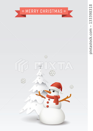 Merry Christmas calligraphy with 3D cute snowman wearing Santa hat and decorated white Christmas tree on light gray vertical background graphic illustration have blank space. 133398318