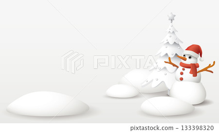 3D cute snowman with decorated white Christmas tree and snowdrift graphic illustration have blank space. 3D cute snowman with decorated white Christmas tree and snowdrift graphic illustration have blank space. 133398320