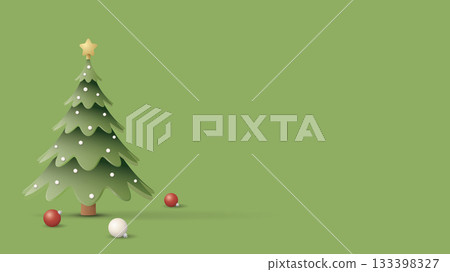 3D decorated Christmas tree with event balls on green background graphic illustration have blank space. 3D decorated Christmas tree with event balls on green background graphic illustration have blank space. 133398327