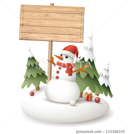 3D cute snowman holding blank whitewashed wooden signboard post on snowdrift with pine trees and Christmas elements around isolated graphic illustration. 133398335