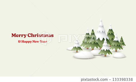 Merry Christmas and Happy New Year calligraphy with 3D cute pine forest and snowdrift on light green background garphic illustration have blank space. 133398338
