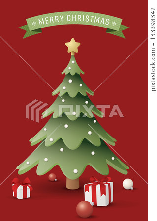 3D cute decorated Christmas tree and gift boxes with Merry Christmas calligraphy in green ribbon on vertical background graphic illustration. 3D cute decorated Christmas tree and gift boxes with Merry Christmas calligraphy in green ribbon on vertical background graphic illustration. 133398342