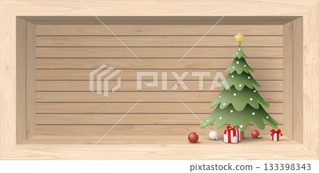 3D cute decorated Christmas tree and elements in whitewashed wooden rectangle box have space for placing products presentation graphic illustration. 133398343