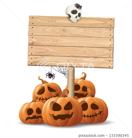 Blank wooden signboard posts with 3D pumpkin Jack-O'-Lantern, skull, spiders and spider webs isolated Halloween concept on white background graphic illustration. 133398345
