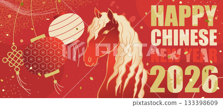 Chinese New Year 2026 Lantern Banner with Horse, Red and Gold Lunar Festival Ornaments, Asian Decorative Patterns and Elegant Oriental Chinese Lunar Illustration. 133398609