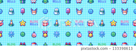 Pixel Art Christmas Seamless Pattern with Cute Icons, Snowflakes, Gifts, Stars, Deer and Winter 8 bit Decorative Holiday Background 133398613