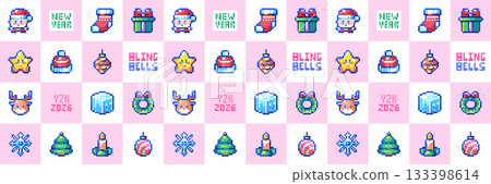 Pixel Art Christmas Grid Pattern with Cute Gifts, Stars, Socks, Ornaments and Retro 8 bit Decorative Holiday Tiles 133398614