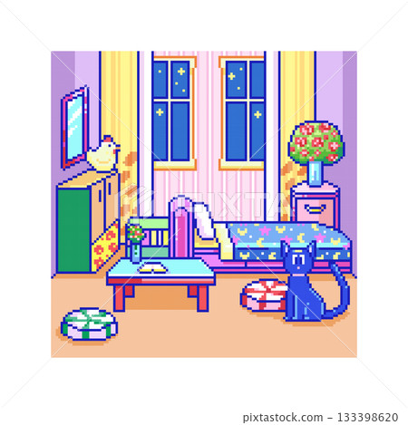 Pixel Art Pastel Bedroom Background with Cat, Bed, Flowers, Cute Retro 8 bit Room Interior Scene for Decorative Pixel Illustrations 133398620