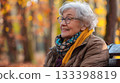Senior woman sitting on a bench in winter at park. 133398819