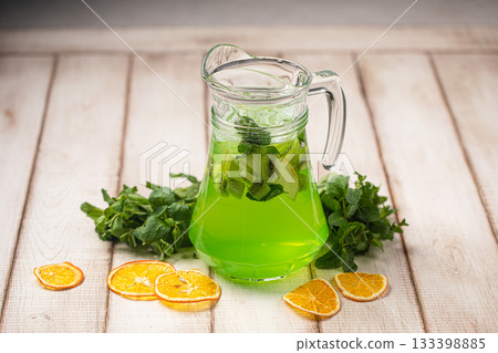 Refreshing lime mint lemonade in glass pitcher Refreshing lime mint lemonade in glass pitcher 133398885