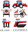 [Agricultural machinery] Tractor, rice transplanter, and combine harvester viewed from the front and side. 133398953