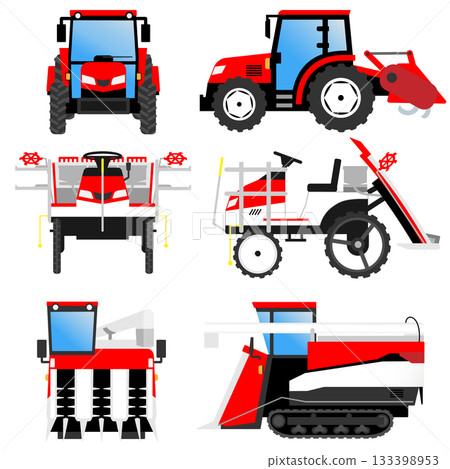 Front and side views of tractors, rice transplanters, and combine harvesters (agricultural machinery) 133398953