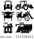 [Agricultural Machinery] Black and white silhouettes of a tractor, rice transplanter, and combine harvester viewed from the front and side. 133398954
