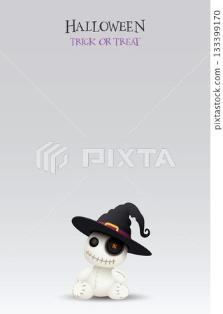 Halloween trick or treat with 3D cute voodoo doll wearing witch hat on light gray vertical background graphic illustration have blank space. 133399170