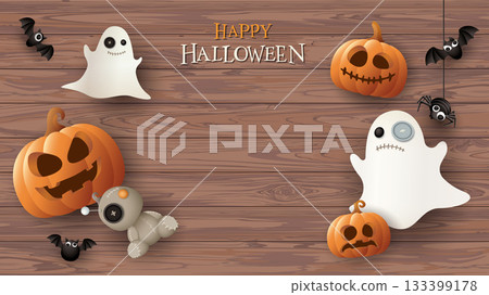 Happy Halloween with 3D cute halloween's cartoon character on wooden panel background graphic illustration have blank space. Happy Halloween with 3D cute halloween's cartoon character on wooden panel background graphic illustration have blank space. 133399178