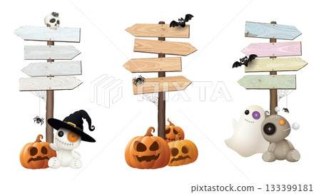 Set of blank wooden direction sign isolated with 3D cute halloween's elements decorated graphic illustration. Set of blank wooden direction sign isolated with 3D cute halloween's elements decorated graphic illustration. 133399181