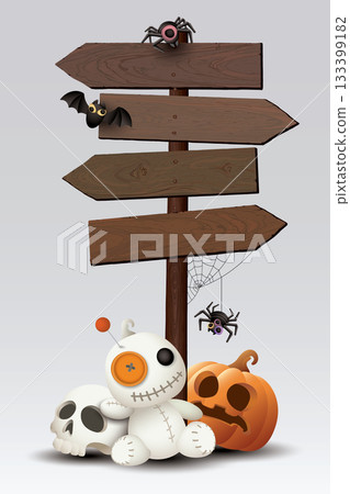 Blank old wooden direction sign isolated with 3D cute halloween's elements decorated on gray background graphic illustration. 133399182