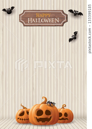 Wooden floor and wall vertical background with cute Halloween elements and Happy Halloween signboard decoration graphic illustration have blank space. 133399185