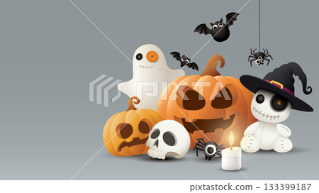 Various 3D cute Halloween elements with gray background graphic illustration have blank space. 133399187