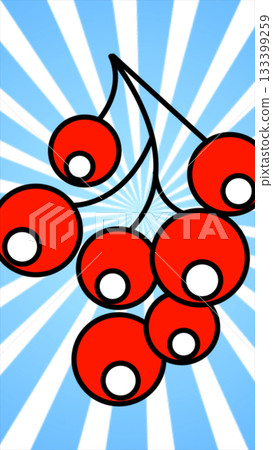 Playful cartoon-style cluster of bright red cherries outlined in bold lines over a blue radiating background 133399259