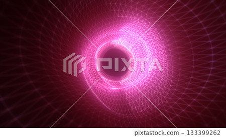 Glowing pink digital tunnel with mesh lines swirling into a deep luminous center Glowing pink digital tunnel with mesh lines swirling into a deep luminous center 133399262